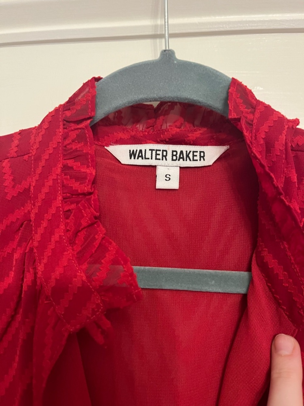 Walter Baker Crimson Chevron Button-Front Ruffle Blouse - Picture 2 of 6
